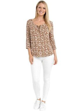 2/$30 Cynthia Rowley Small Brown & White Ikat Print Rayon Blouse Long Sleeves